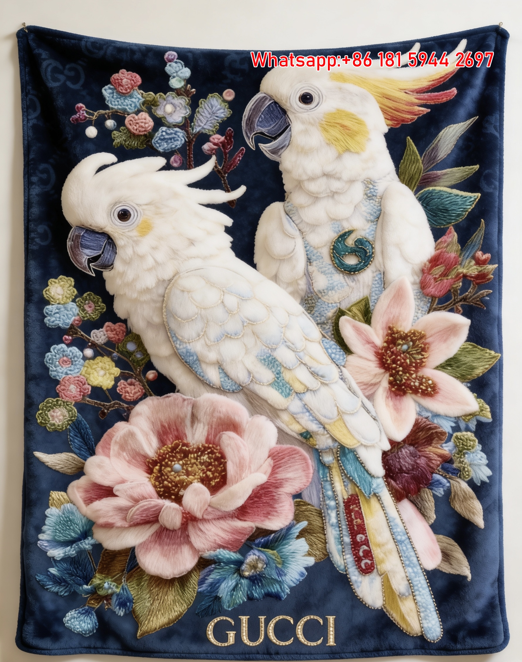 Gucci Pearl-Embroidered Cockatoo throw  Blanket Luxury White Parrot Tapestry IMG_2772